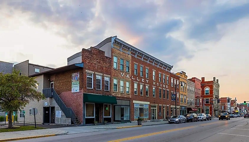 Valley House and downtown brick storefronts at sunset on Main Street, Brookville, Indiana.