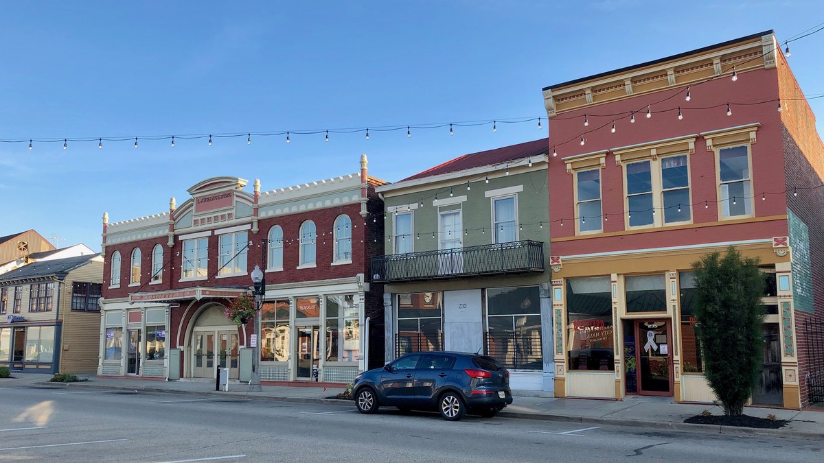 Walnut Street in downtown Lawrenceburg, Indiana, near the Ohio River.