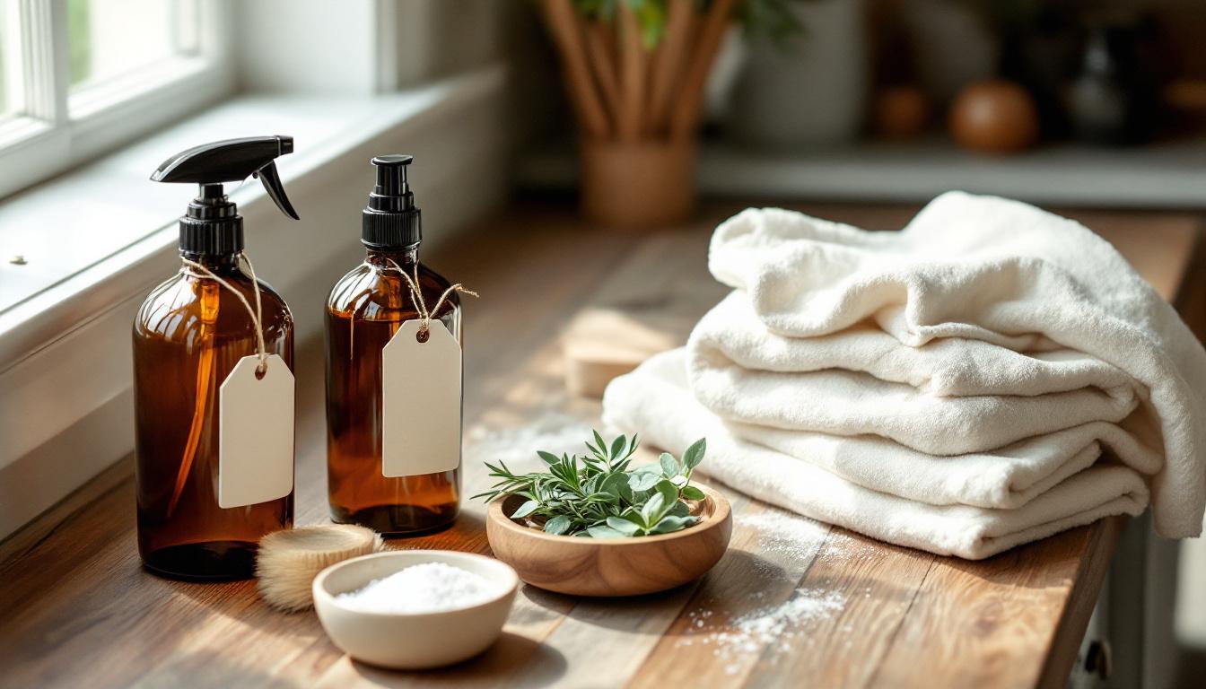 Amber glass spray bottles, folded white towels, fresh herbs, and a small dish of baking soda on a reclaimed wood counter, representing Clean and Conscious Co.'s non-toxic cleaning kit.