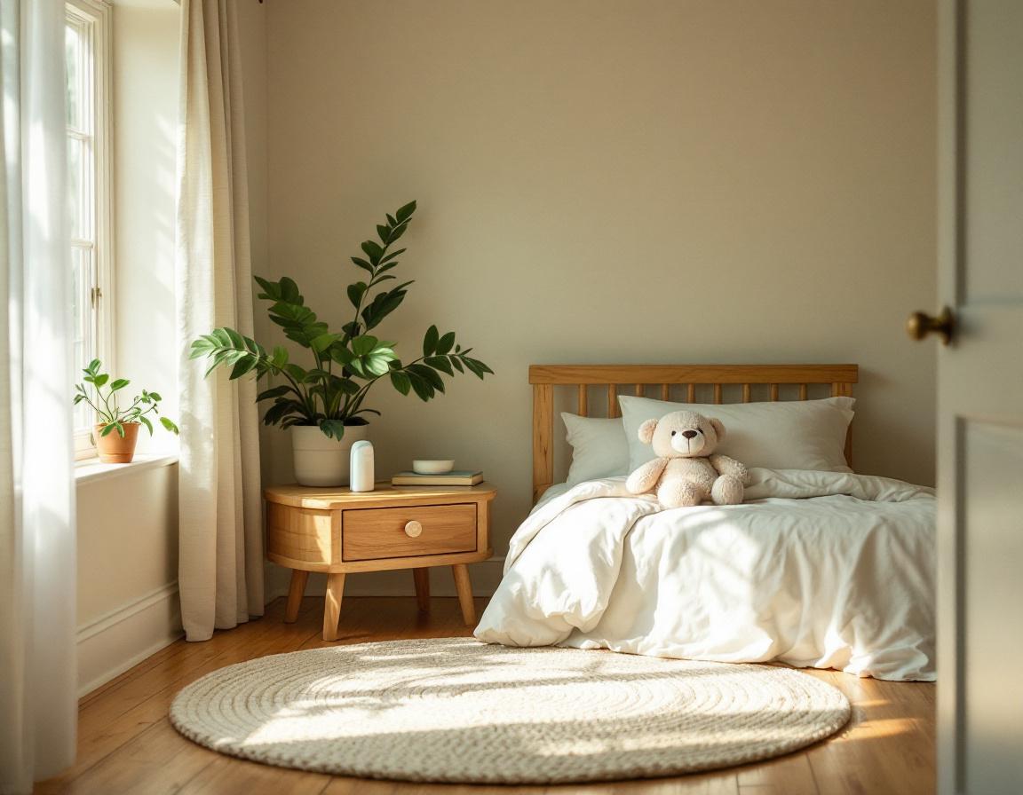 Cozy child's bedroom with clean soft linens and air-purifying plants.