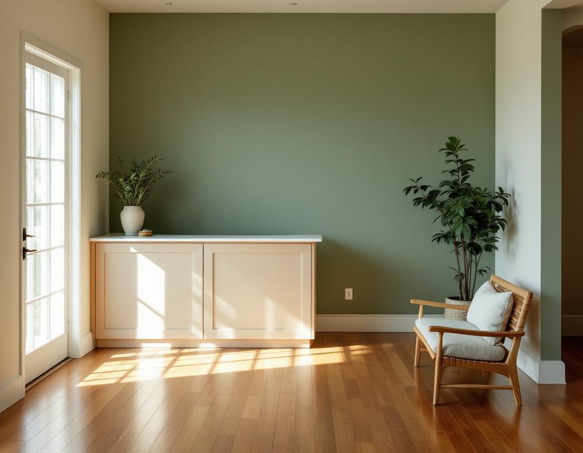 Calm wellness studio interior with sage-green accent wall and warm wood floors, representing Boutique Office cleaning.