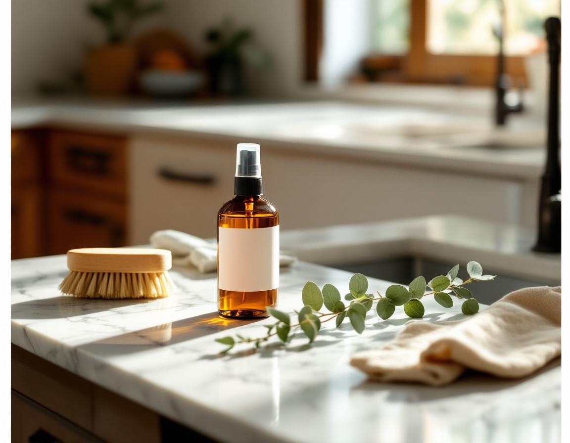 Amber glass cleaner bottle and natural-bristle brush on marble, representing plant-based chemistry.