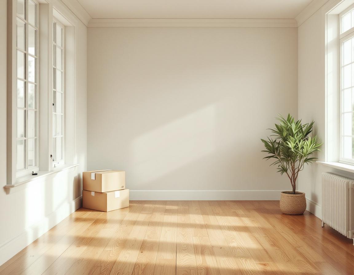 Empty, freshly cleaned modern farmhouse room with moving boxes and a potted plant, representing Move-In and Move-Out cleaning.